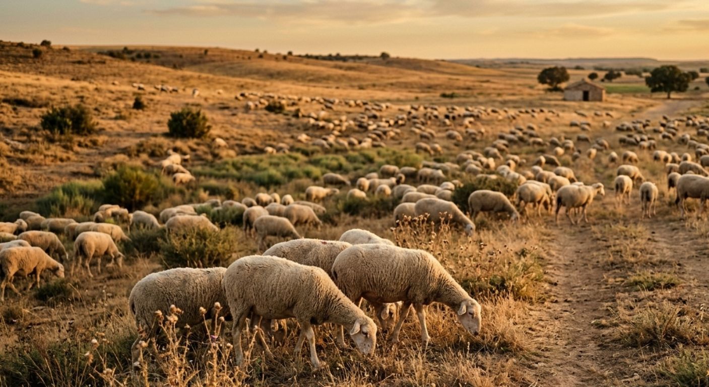 Rebaño de ovejas manchegas pastando en los campos de La Mancha