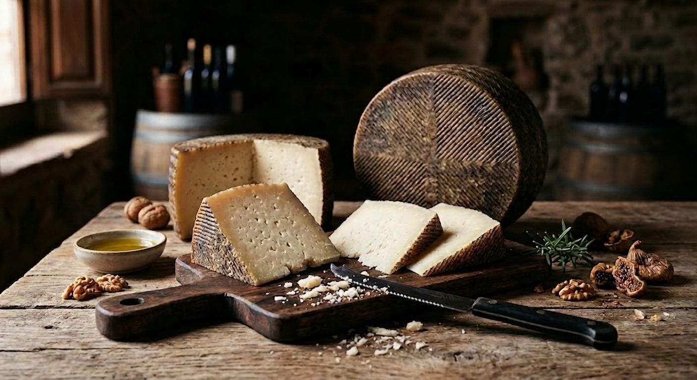 Bodegón de queso manchego artesano entero y en cuñas — Quesera Herenciana Cofer