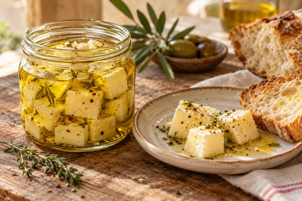 Dados de queso de oveja en aceite de oliva junto a pan y una pequeña fuente