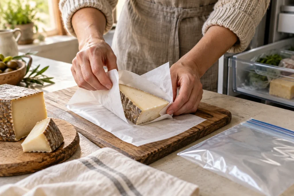 Porción de queso de oveja preparada para envolver y guardar en una bolsa de congelación