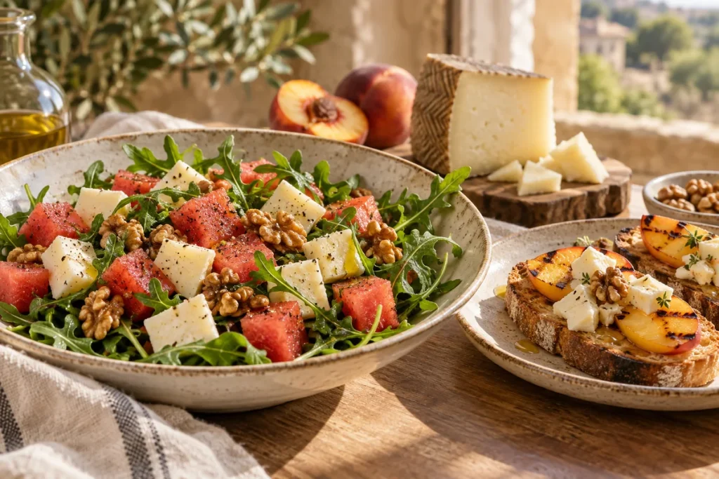 Ensalada con queso tierno de oveja y fruta junto a unas tostas